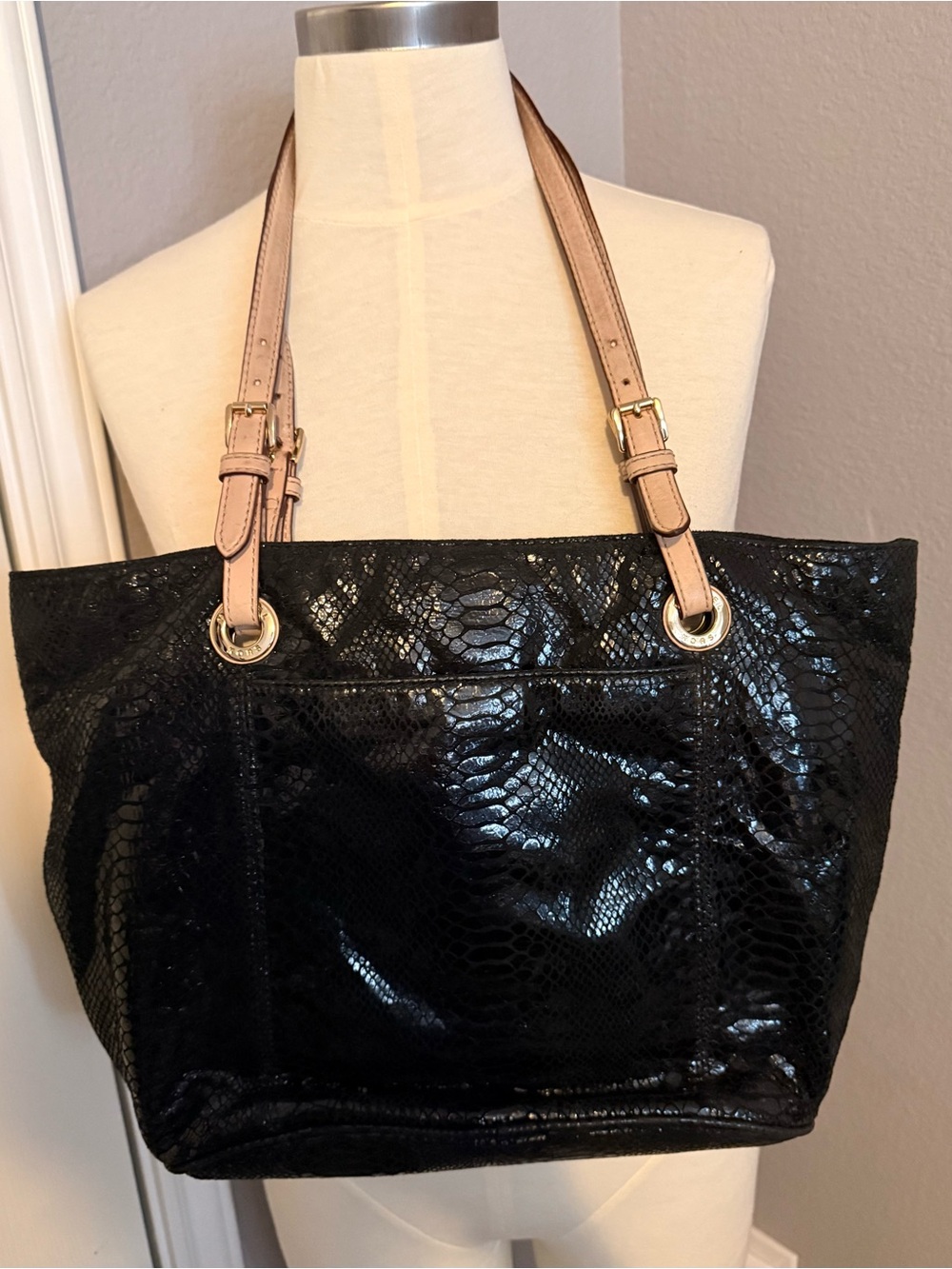 Michael Kors Black Snake-Embossed Tote with Tan Straps - Picture 2 of 6